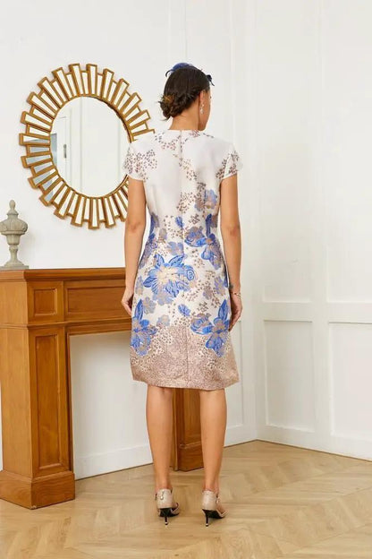 Silver floral jacquard short cape sleeves mother of the bride dress by EDKAY COLLECTION UK