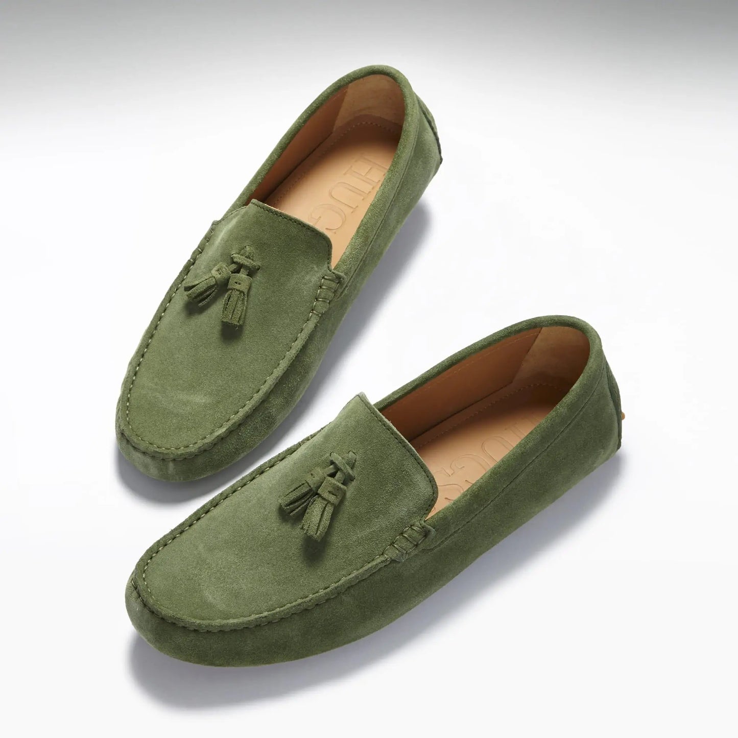 Tasselled Driving Loafers, safari green suede by Hugs & Co.