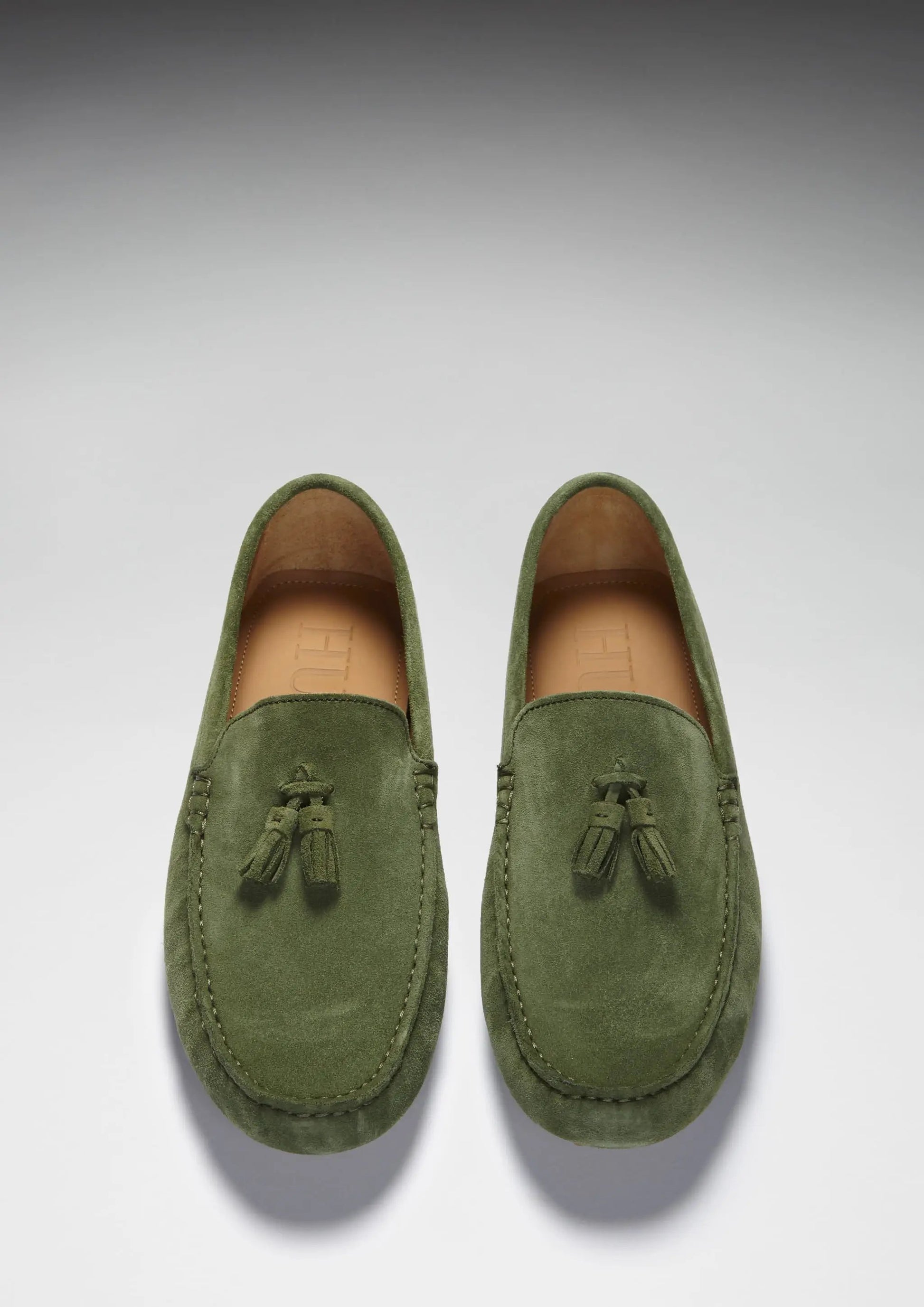 Tasselled Driving Loafers, safari green suede by Hugs & Co.