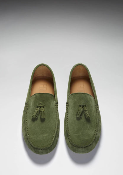 Tasselled Driving Loafers, safari green suede by Hugs & Co.