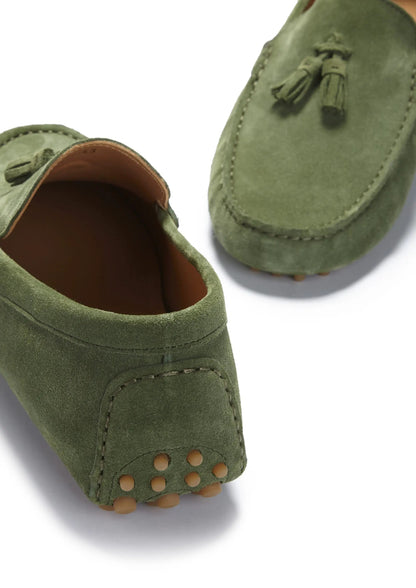Tasselled Driving Loafers, safari green suede by Hugs & Co.