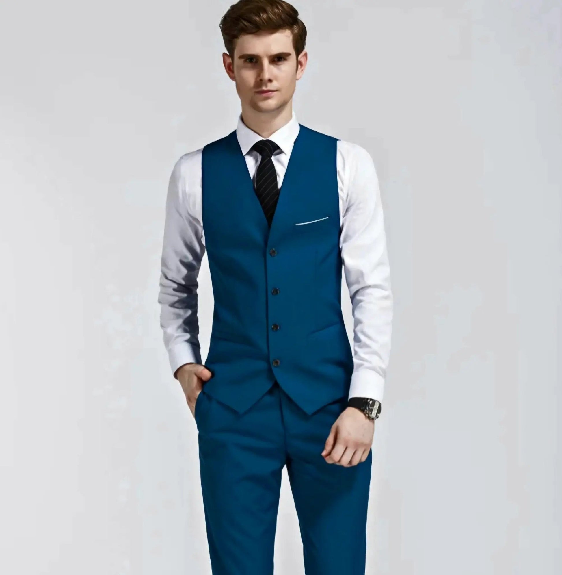 Teal blue 3-piece cotton suit with pocket square decoration by EDKAY COLLECTION UK