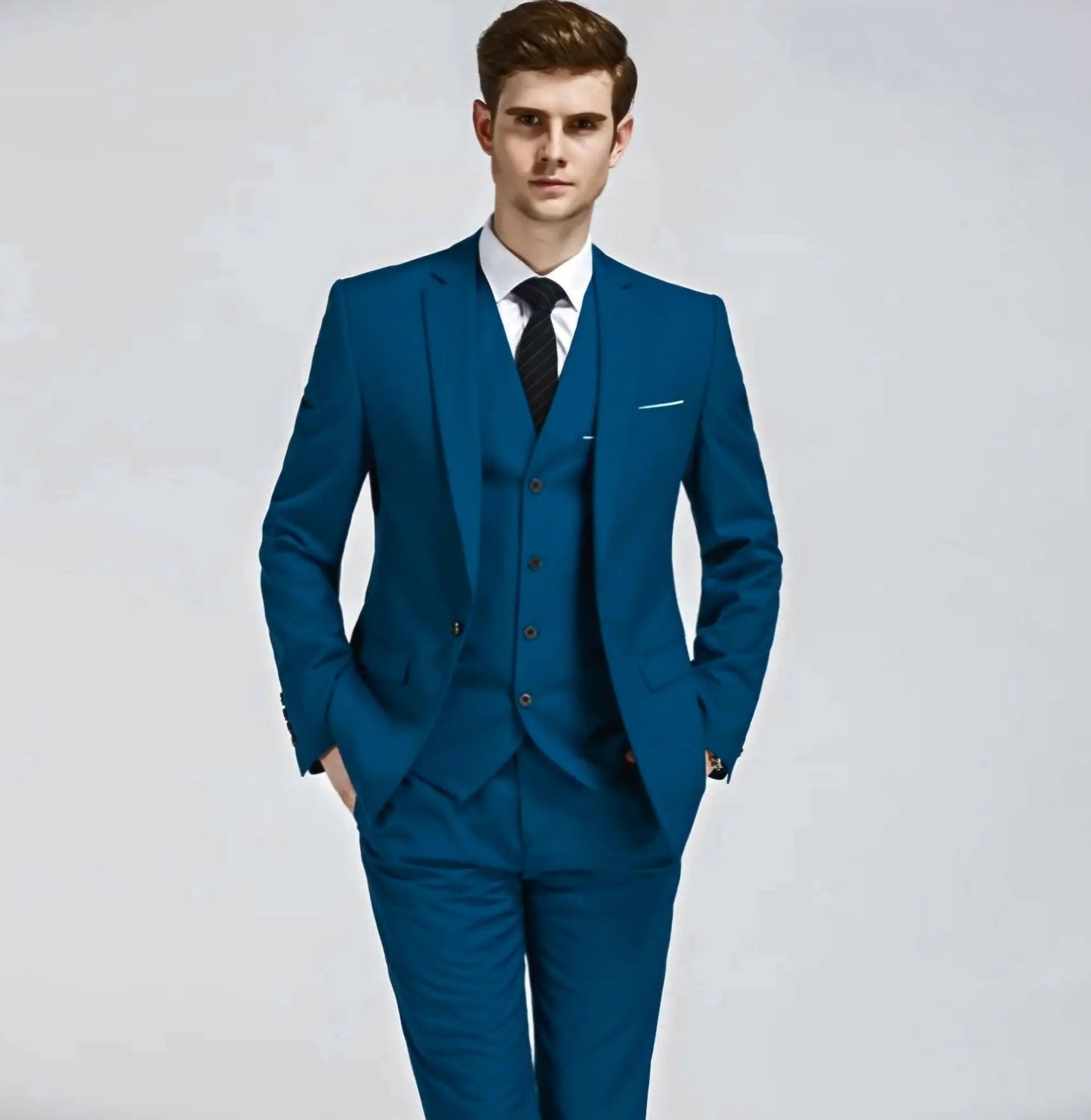 Teal blue 3-piece cotton suit with pocket square decoration by EDKAY COLLECTION UK
