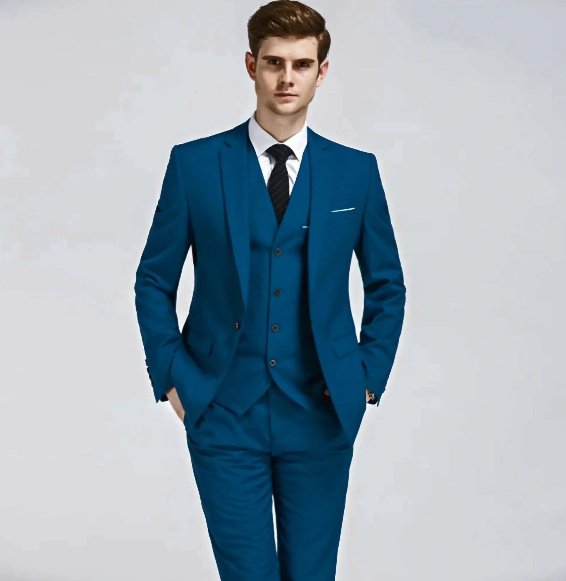 Teal blue 3-piece cotton suit with pocket square decoration by EDKAY COLLECTION UK
