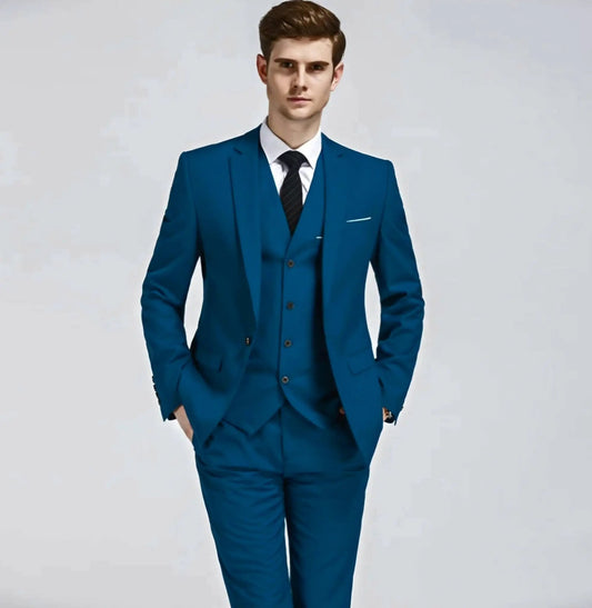 Teal blue 3-piece cotton suit with pocket square decoration by EDKAY COLLECTION UK