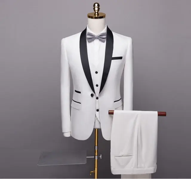 White men's 3 piece wedding tuxedo suit with black satin collar piping by EDKAY COLLECTION UK