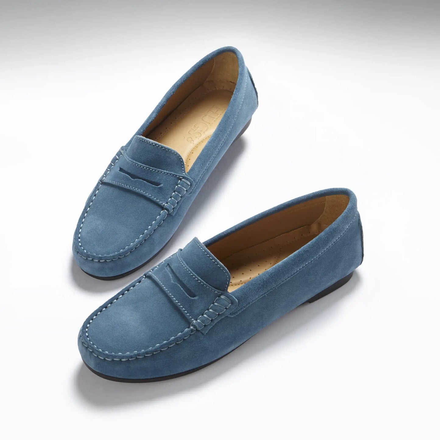 Women's Penny Driving Loafers Full Rubber Sole, teal suede by Hugs & Co.
