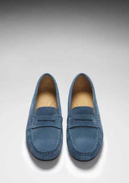 Women's Penny Driving Loafers Full Rubber Sole, teal suede by Hugs & Co.