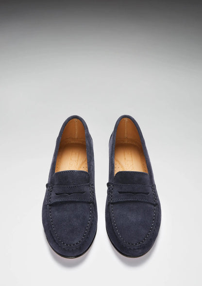 Women's Penny Loafers Leather Sole, navy blue suede by Hugs & Co.