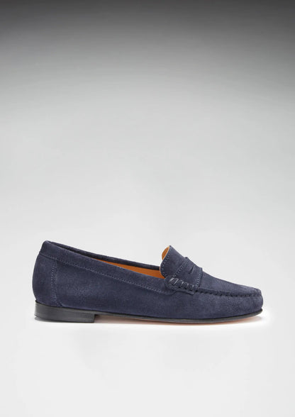 Women's Penny Loafers Leather Sole, navy blue suede by Hugs & Co.