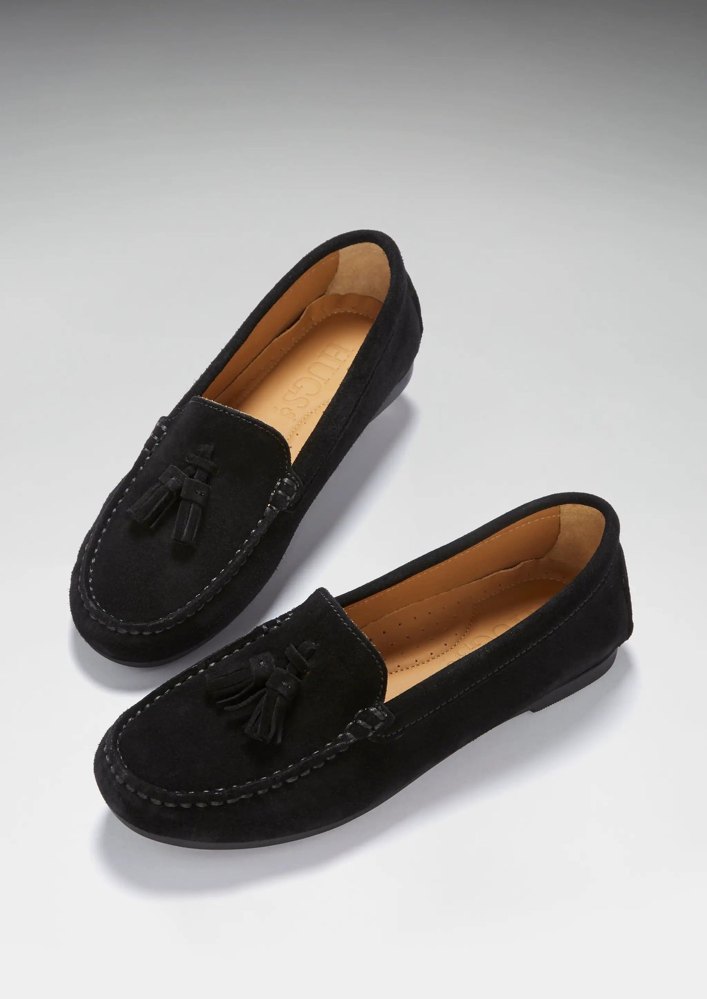 Women's Tasselled Driving Loafers Full Rubber Sole, black suede by Hugs & Co.