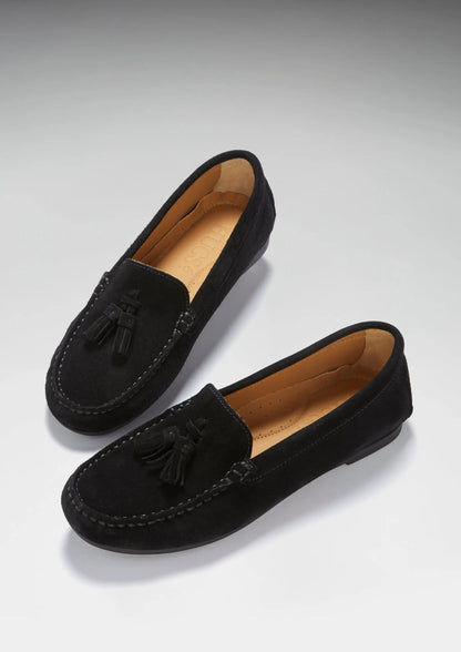 Women's Tasselled Driving Loafers Full Rubber Sole, black suede by Hugs & Co.