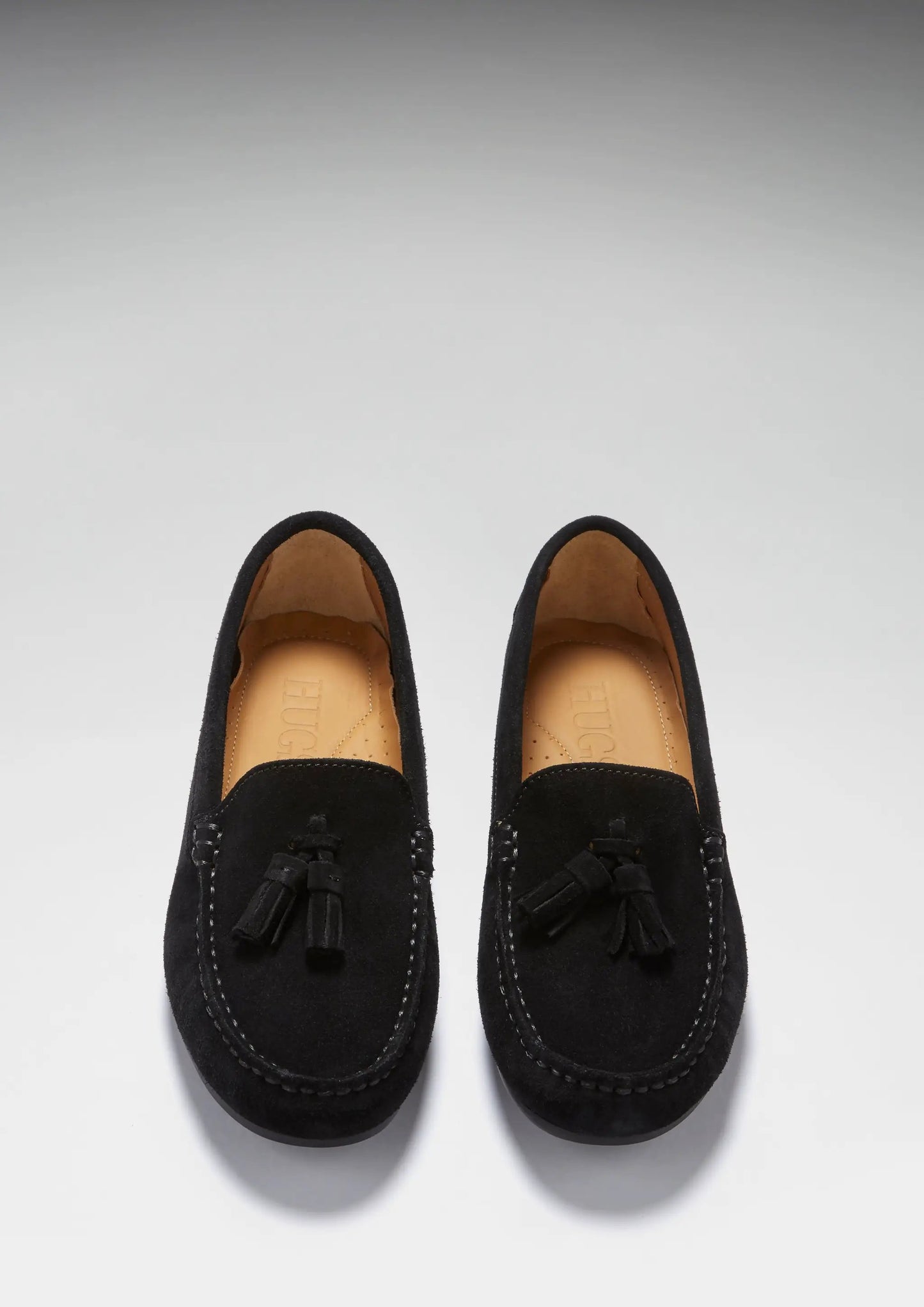 Women's Tasselled Driving Loafers Full Rubber Sole, black suede by Hugs & Co.