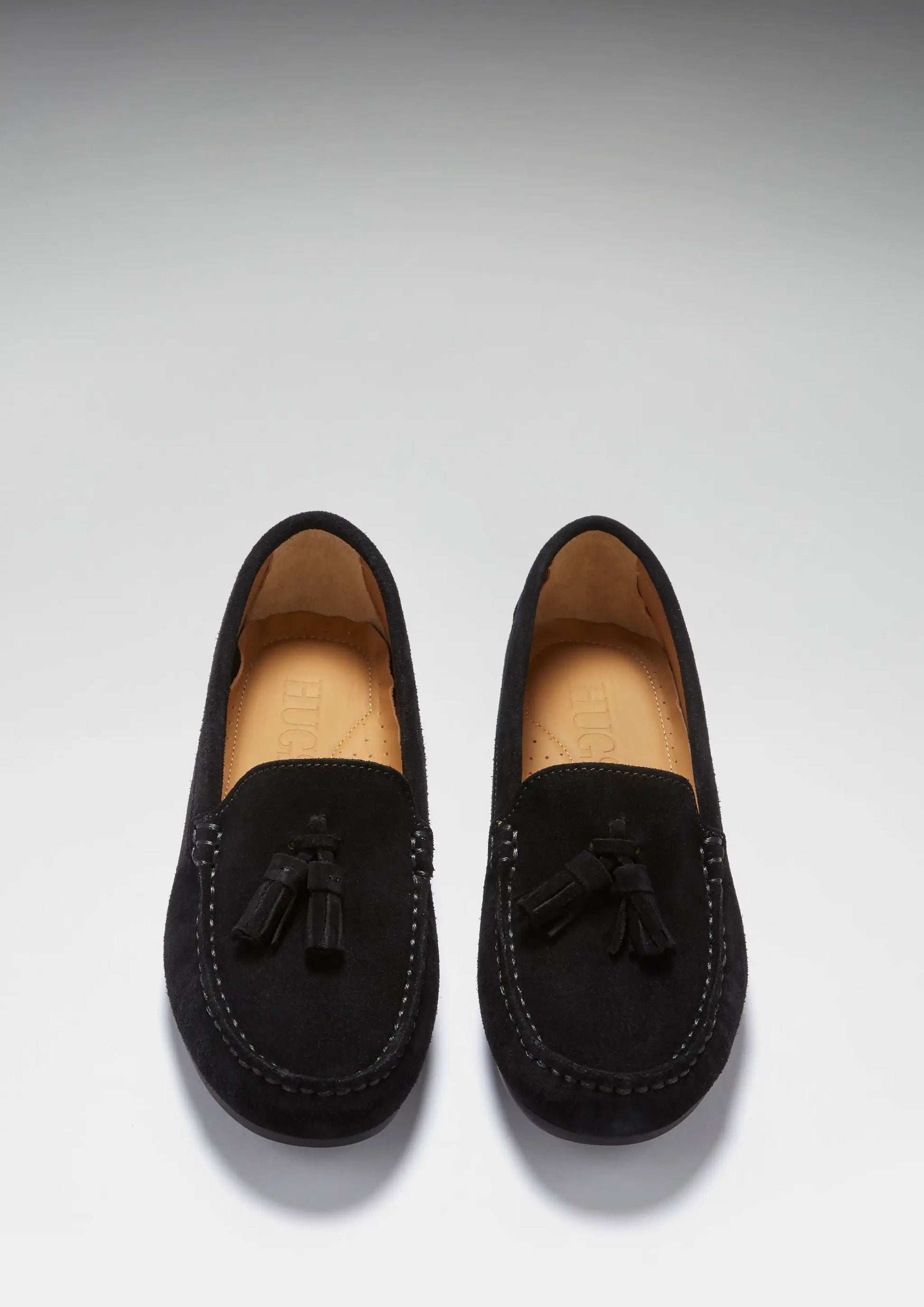 Women's Tasselled Driving Loafers Full Rubber Sole, black suede by Hugs & Co.