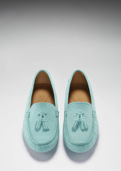 Women's Tasselled Driving Loafers, aqua suede by Hugs & Co.