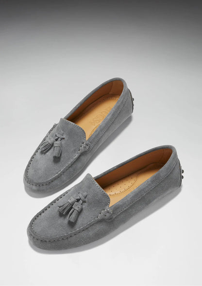 Women's Tasselled Driving Loafers, slate grey suede by Hugs & Co.