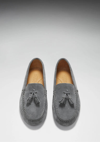 Women's Tasselled Driving Loafers, slate grey suede by Hugs & Co.