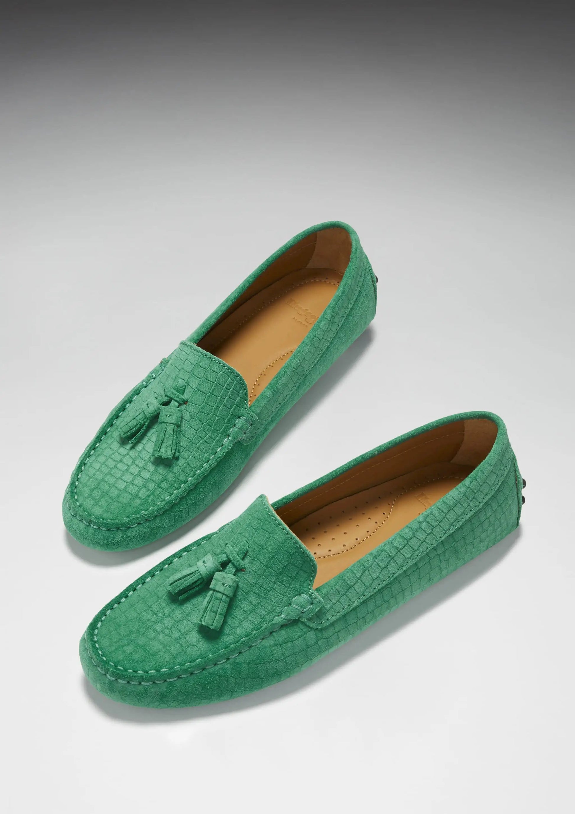 Women's Tasselled Driving Loafers, emerald embossed suede by Hugs & Co.