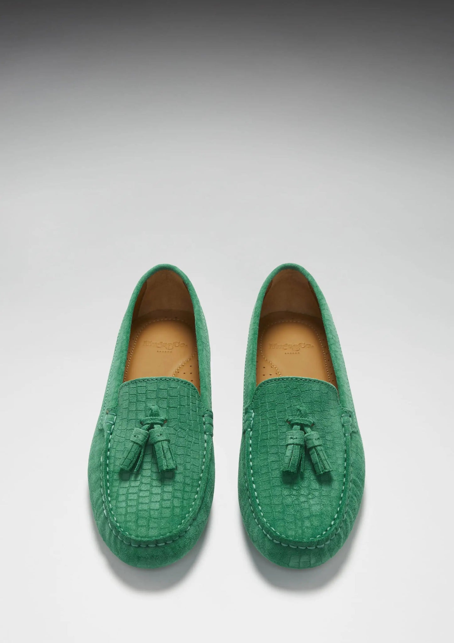 Women's Tasselled Driving Loafers, emerald embossed suede by Hugs & Co.