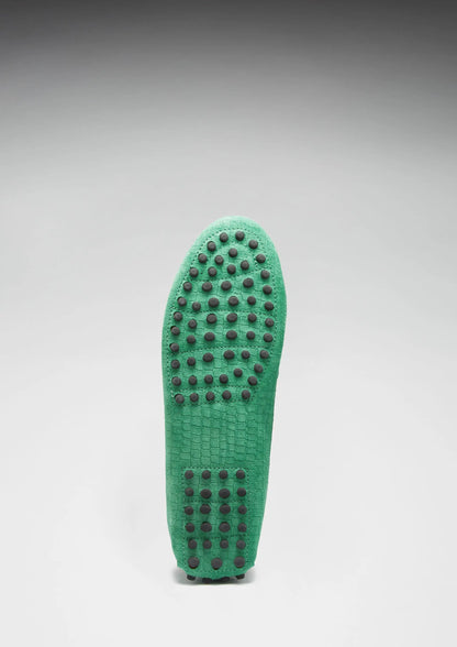 Women's Tasselled Driving Loafers, emerald embossed suede by Hugs & Co.