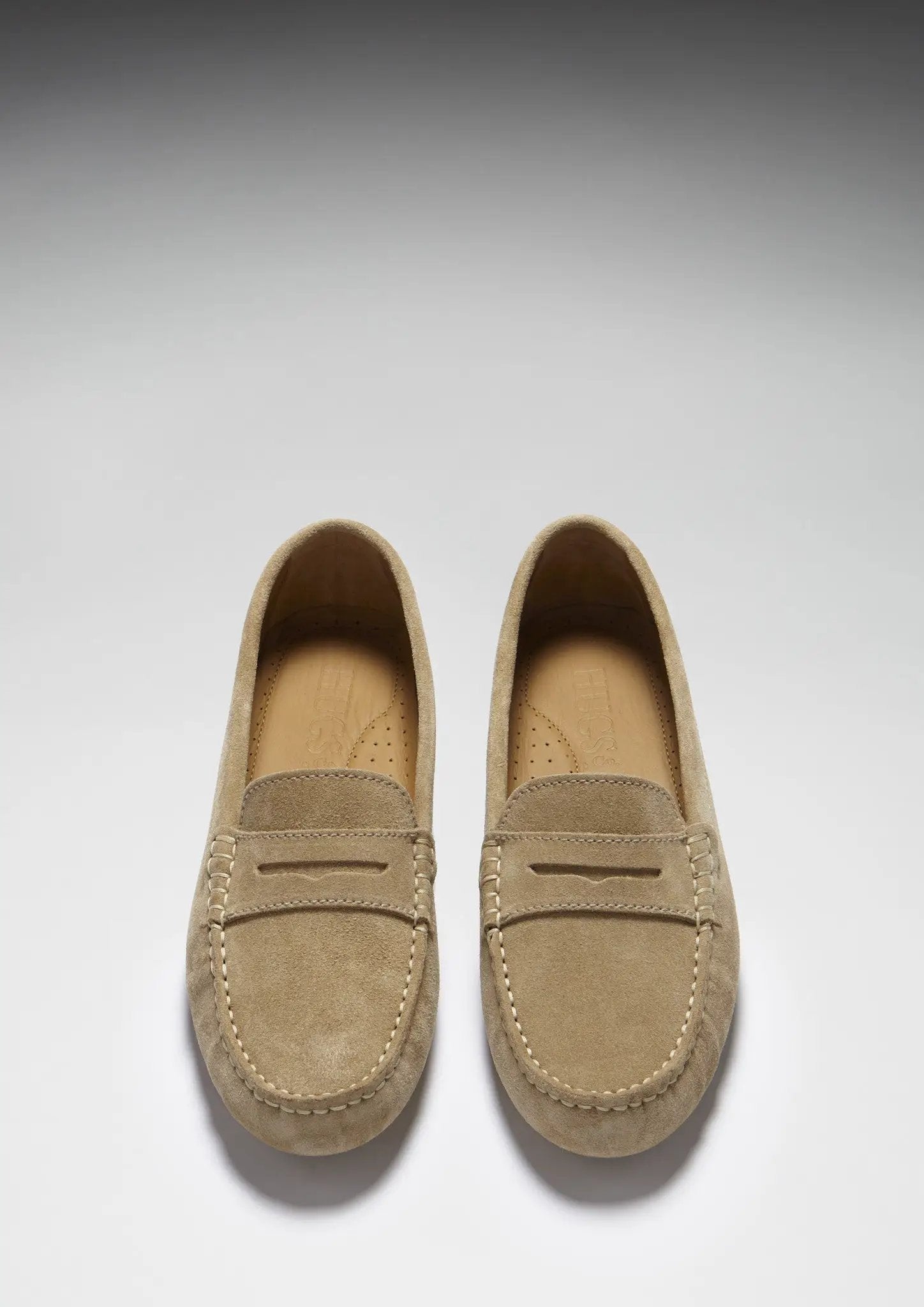 Women's Penny Driving Loafers, taupe suede by Hugs & Co.