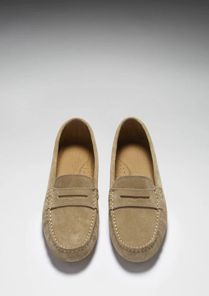 Women's Penny Driving Loafers, taupe suede by Hugs & Co.