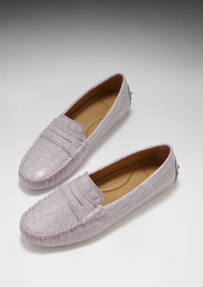 Women's Penny Driving Loafers, lilac croc print patent leather by Hugs & Co.