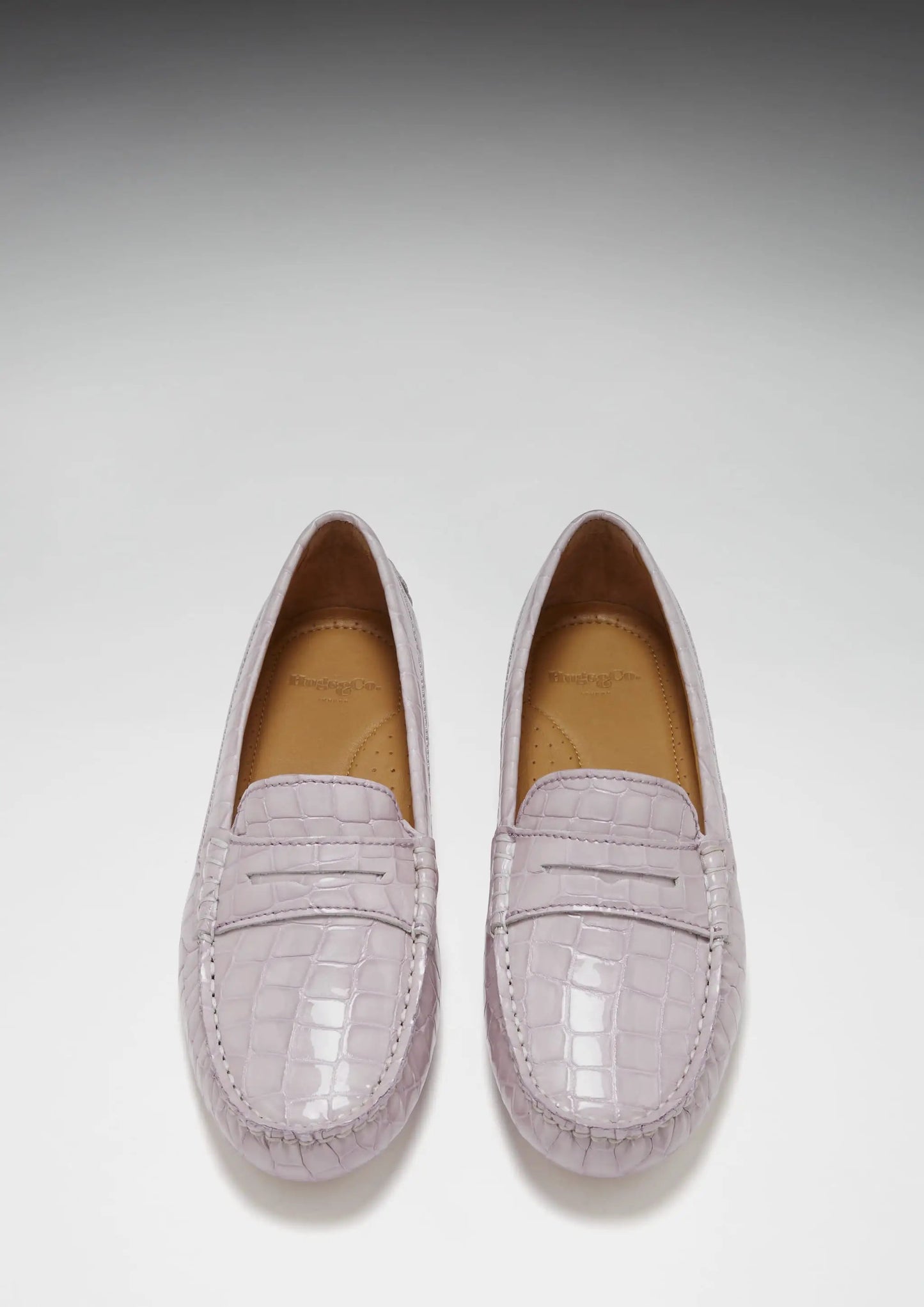 Women's Penny Driving Loafers, lilac croc print patent leather by Hugs & Co.