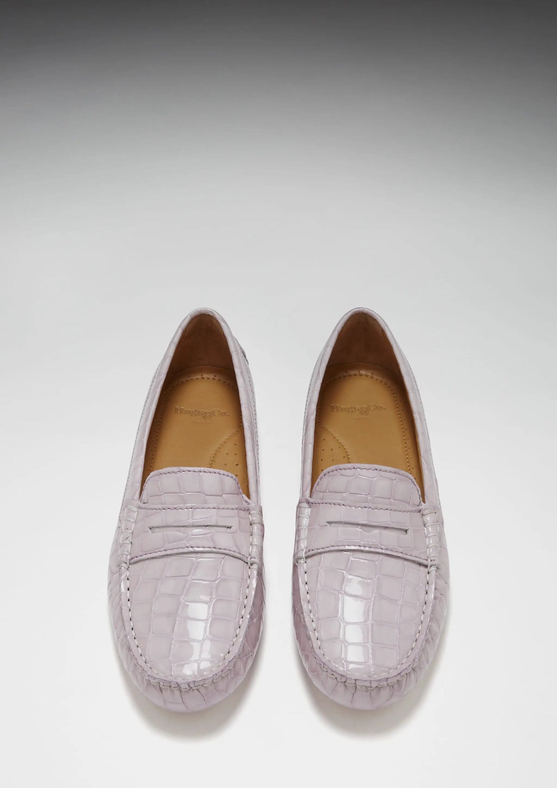 Women's Penny Driving Loafers, lilac croc print patent leather by Hugs & Co.