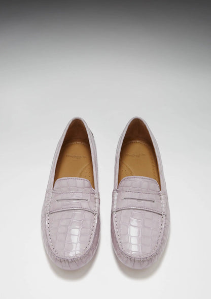Women's Penny Driving Loafers, lilac croc print patent leather by Hugs & Co.