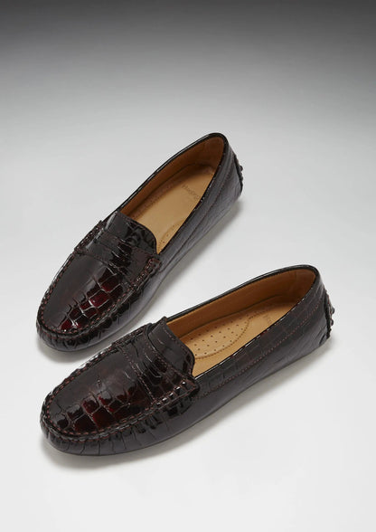 Women's Penny Driving Loafers, brown croc print patent leather by Hugs & Co.