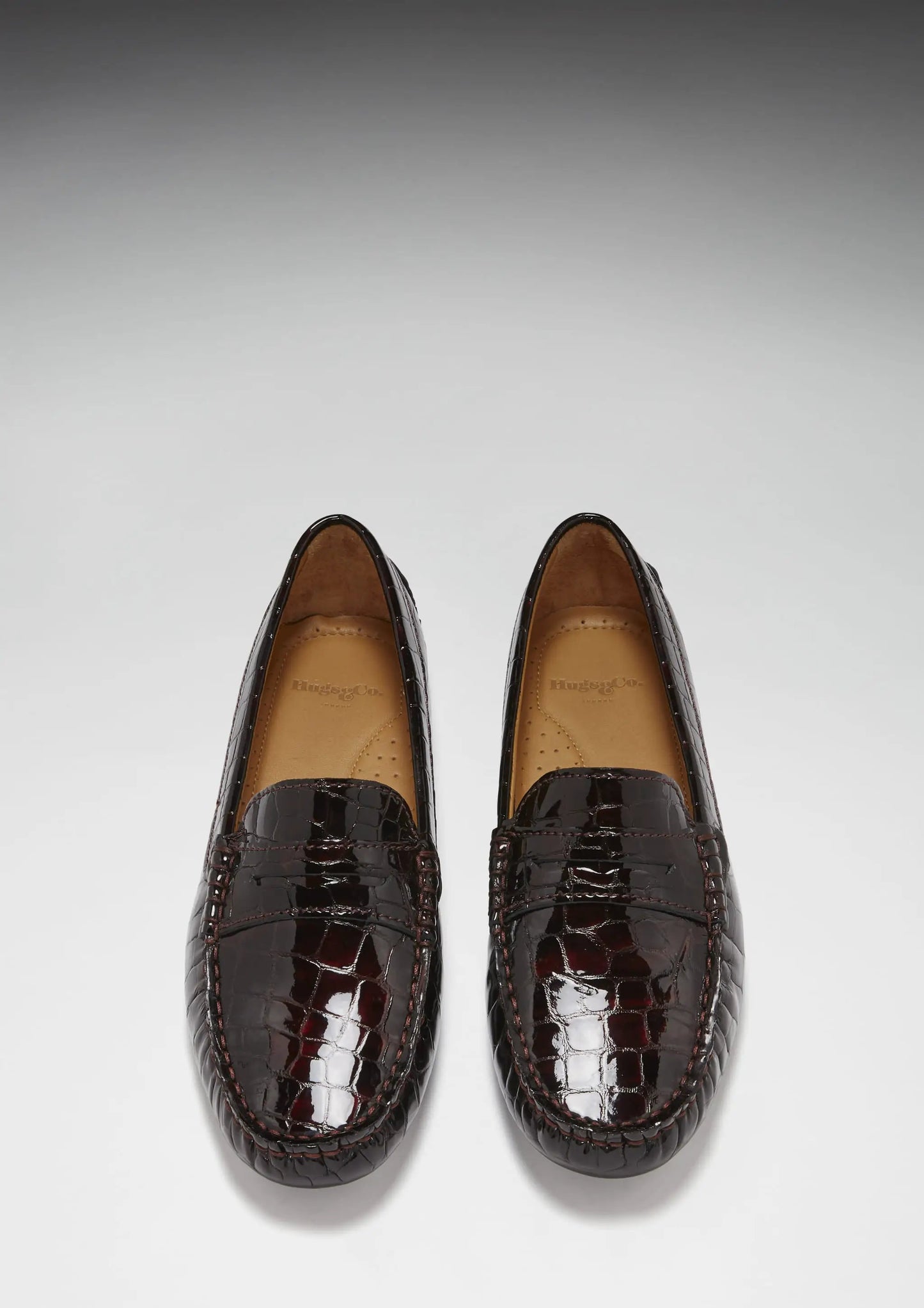 Women's Penny Driving Loafers, brown croc print patent leather by Hugs & Co.
