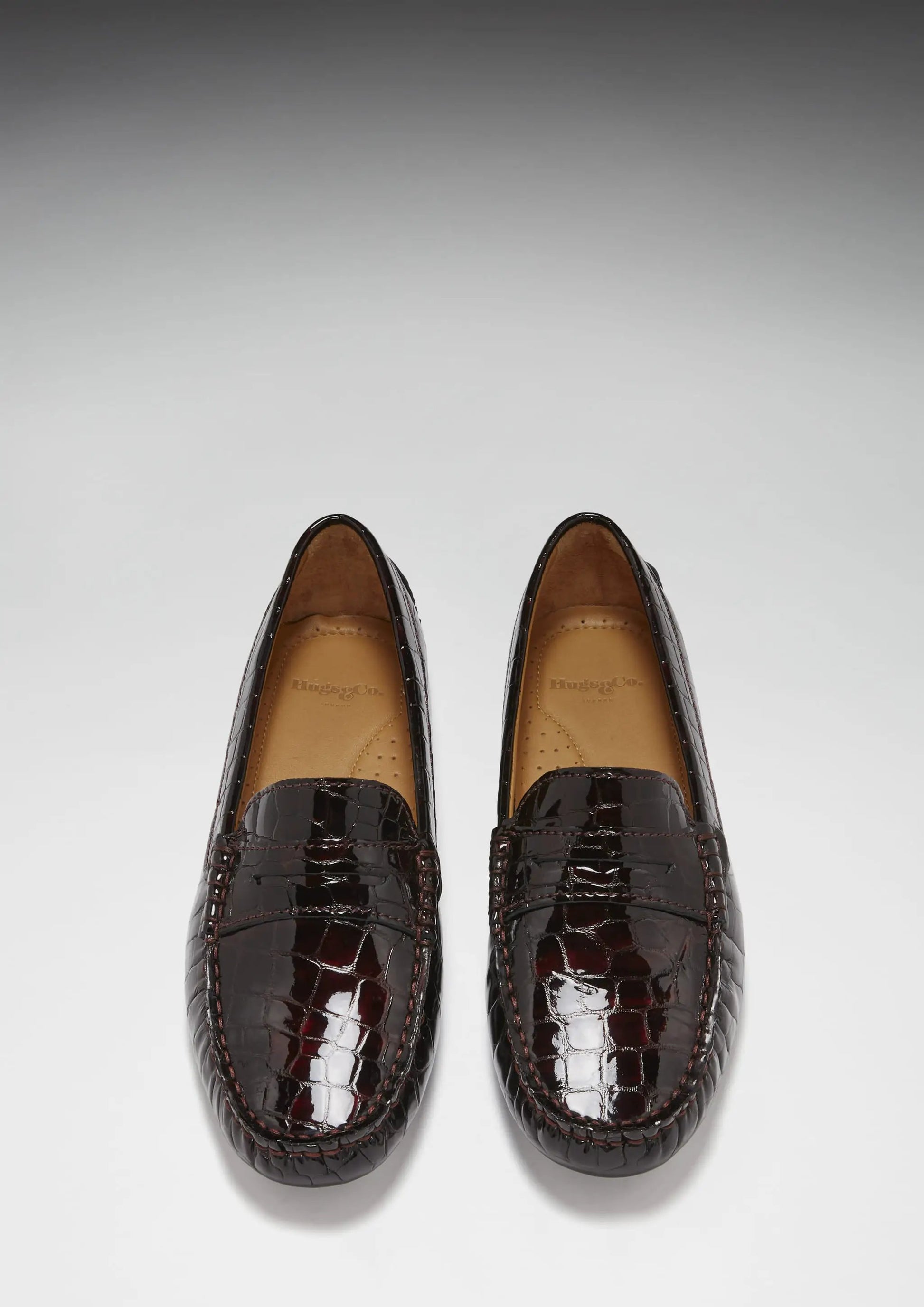 Women's Penny Driving Loafers, brown croc print patent leather by Hugs & Co.