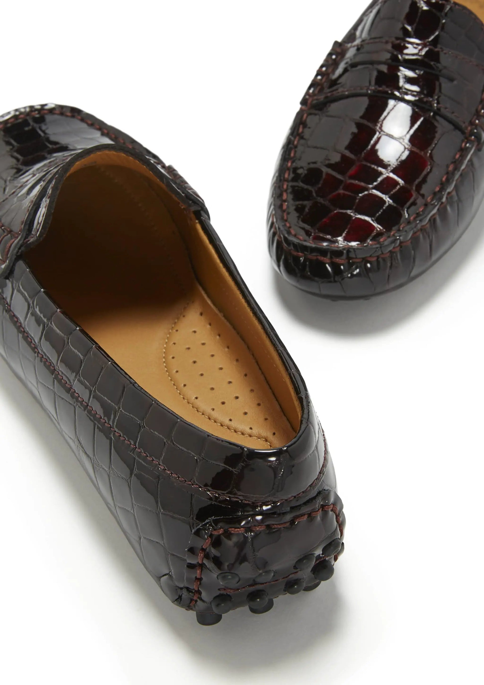 Women's Penny Driving Loafers, brown croc print patent leather by Hugs & Co.