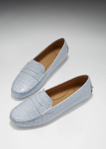 Women's Penny Driving Loafers, powder blue print patent leather by Hugs & Co.