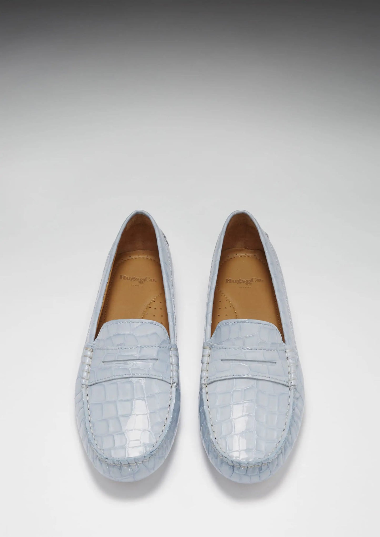 Women's Penny Driving Loafers, powder blue print patent leather by Hugs & Co.