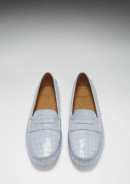 Women's Penny Driving Loafers, powder blue print patent leather by Hugs & Co.