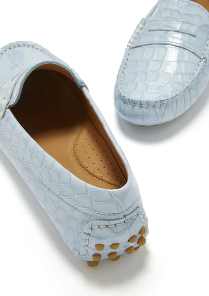 Women's Penny Driving Loafers, powder blue print patent leather by Hugs & Co.