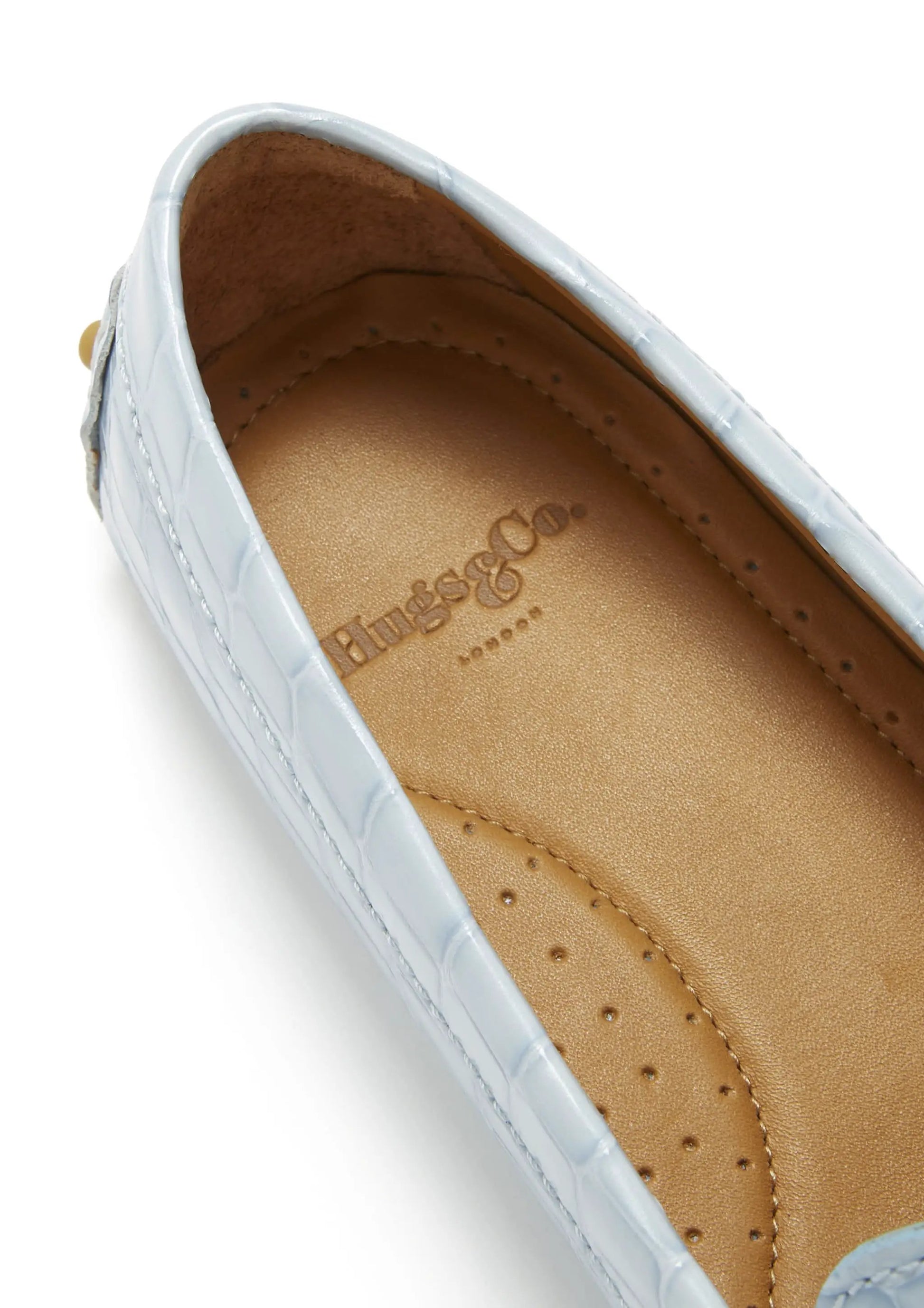 Women's Penny Driving Loafers, powder blue print patent leather by Hugs & Co.
