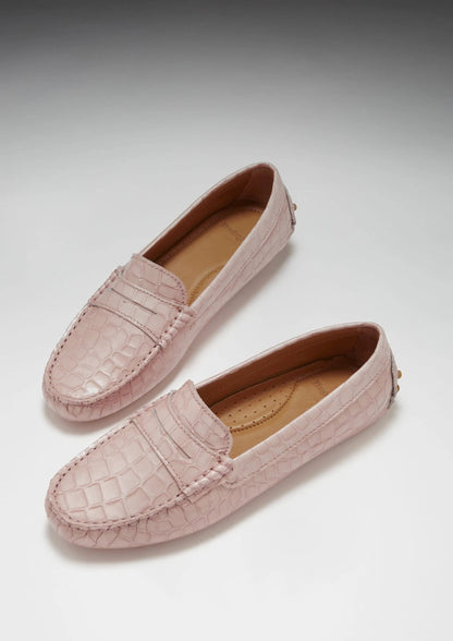 Women's Penny Driving Loafers, powder pink print patent leather by Hugs & Co.